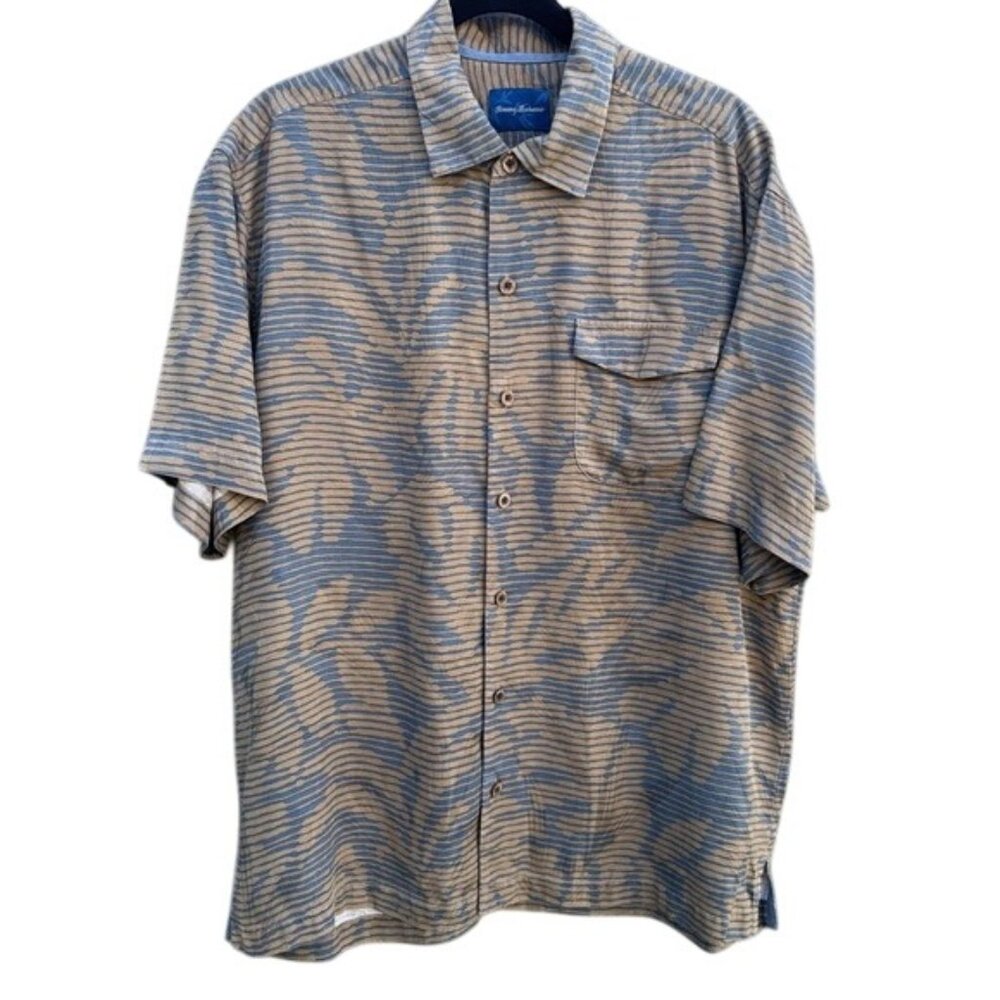 Tommy‎ Bahama Mens XL Beige/Blue Striped Tropical Short-Sleeve Button-Up Shirt